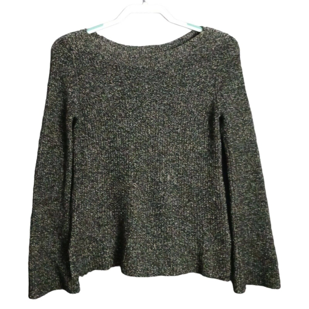 Ann Taylor Sweater Womens Small Black Wool Blend Flare Sleeve Marled Ribbed